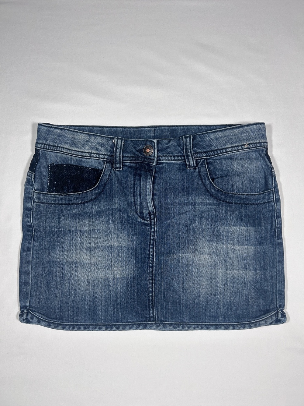y2k Euro Benetton Jeans Blue Denim Mini Skirt w/ Lace detail